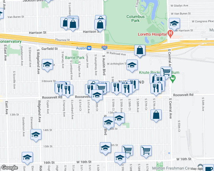 map of restaurants, bars, coffee shops, grocery stores, and more near 1127 South Austin Boulevard in Chicago