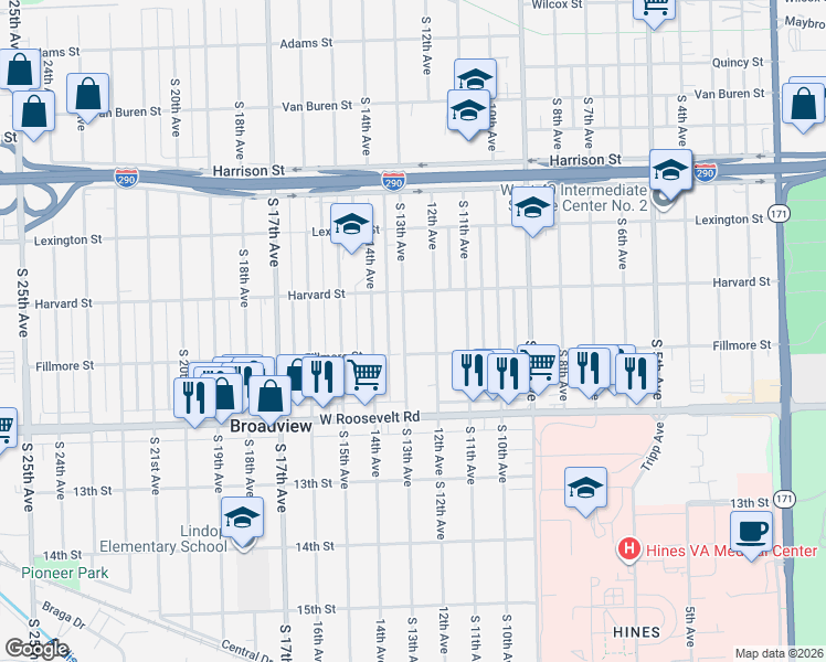 map of restaurants, bars, coffee shops, grocery stores, and more near 2030 12th Avenue in Maywood