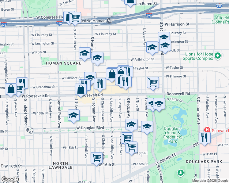 map of restaurants, bars, coffee shops, grocery stores, and more near 3248 Roosevelt Road in Chicago
