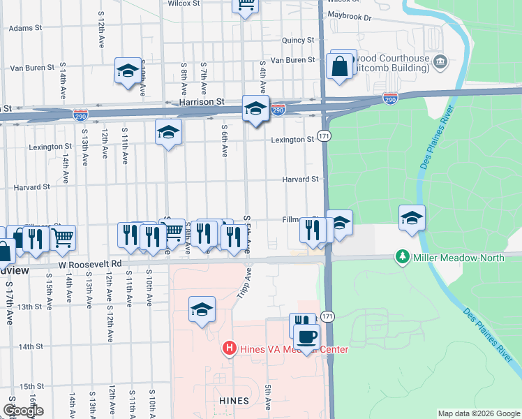 map of restaurants, bars, coffee shops, grocery stores, and more near 2039 South 4th Avenue in Maywood