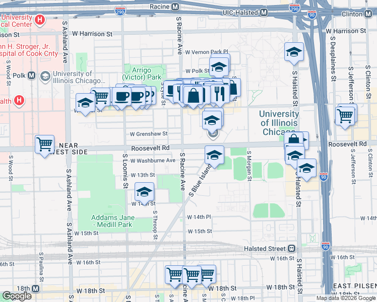 map of restaurants, bars, coffee shops, grocery stores, and more near 1130 West Washburne Avenue in Chicago