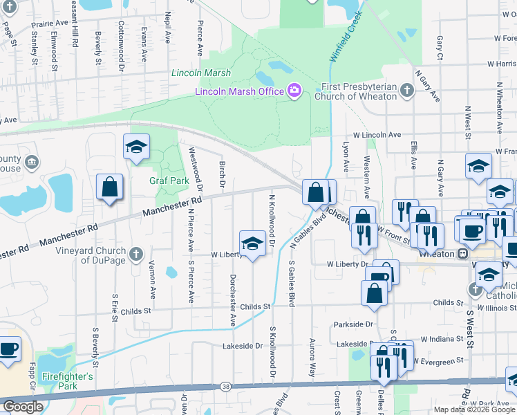 map of restaurants, bars, coffee shops, grocery stores, and more near 219 North Woodlawn Street in Wheaton