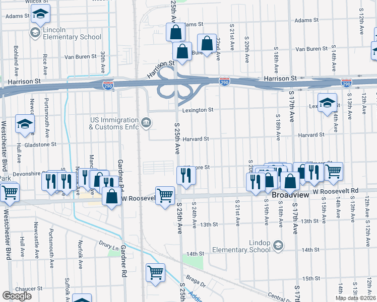 map of restaurants, bars, coffee shops, grocery stores, and more near 2025 South 25th Avenue in Broadview