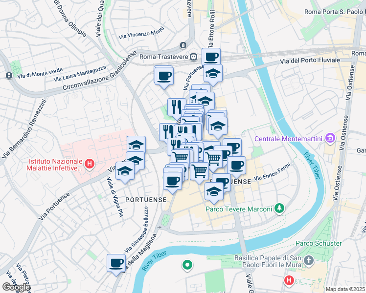 map of restaurants, bars, coffee shops, grocery stores, and more near 41-69 Via Giuseppe Veronese in Rome