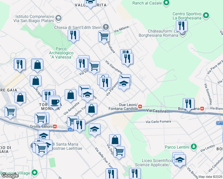 map of restaurants, bars, coffee shops, grocery stores, and more near 57 Via Carlentini in Roma