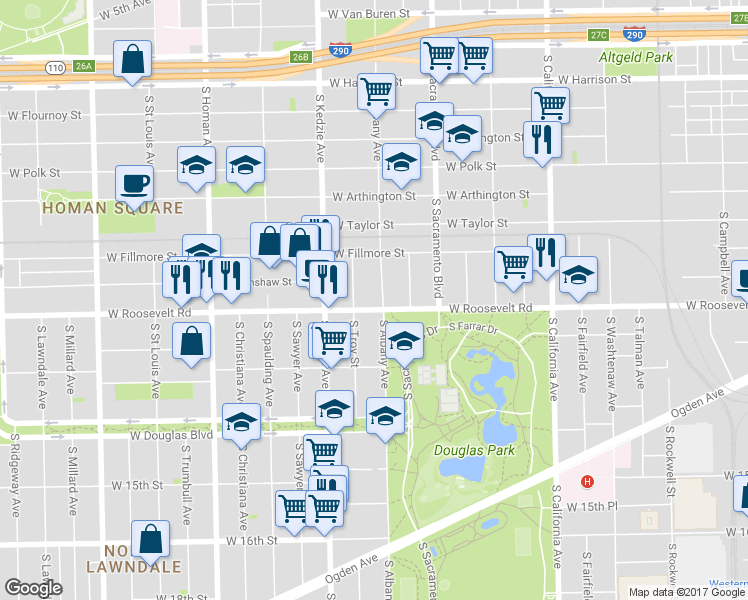 map of restaurants, bars, coffee shops, grocery stores, and more near 3104 W Roosevelt Rd in Chicago
