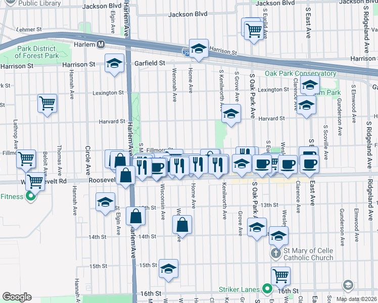 map of restaurants, bars, coffee shops, grocery stores, and more near 1151 Home Avenue in Oak Park
