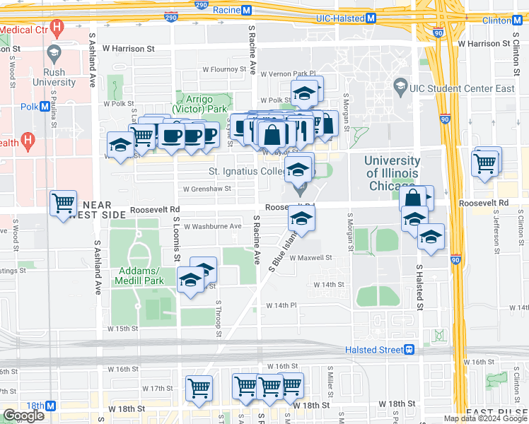 map of restaurants, bars, coffee shops, grocery stores, and more near 1161 West Roosevelt Road in Chicago
