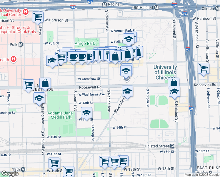 map of restaurants, bars, coffee shops, grocery stores, and more near 1159 West Roosevelt Road in Chicago