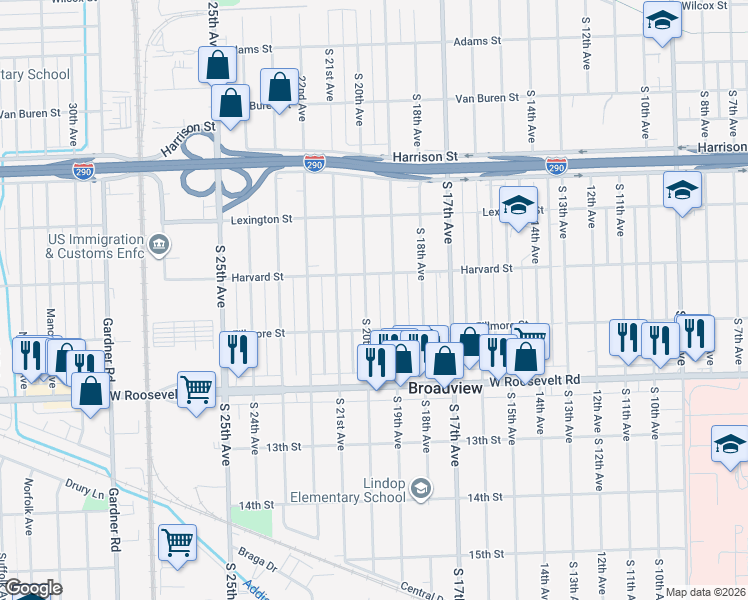 map of restaurants, bars, coffee shops, grocery stores, and more near 2019 South 20th Avenue in Broadview