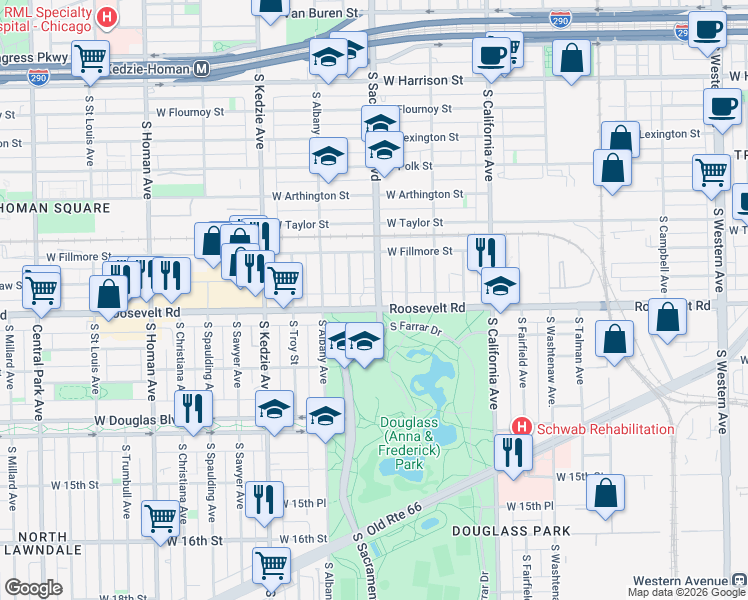 map of restaurants, bars, coffee shops, grocery stores, and more near 2942 West Roosevelt Road in Chicago