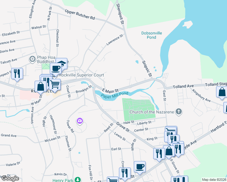 map of restaurants, bars, coffee shops, grocery stores, and more near 131 East Main Street in Vernon