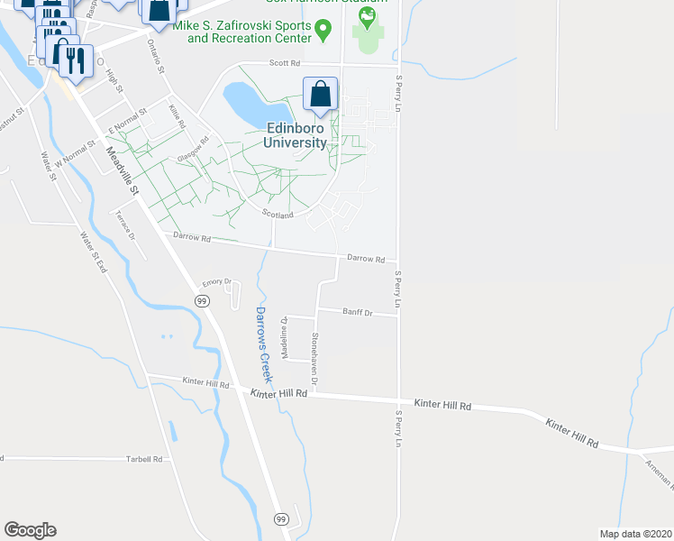 map of restaurants, bars, coffee shops, grocery stores, and more near 129 Brora Drive in Edinboro