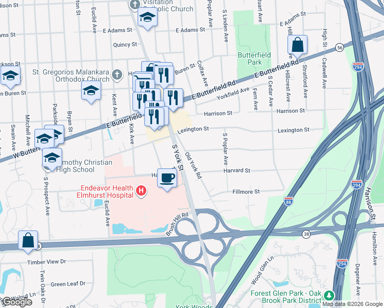 map of restaurants, bars, coffee shops, grocery stores, and more near 15W481 Concord Street in Elmhurst