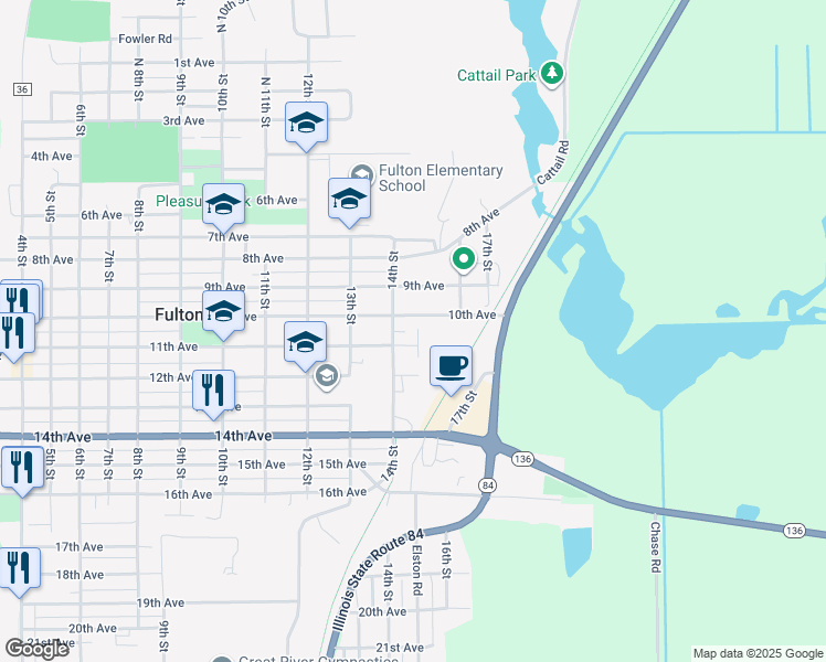 map of restaurants, bars, coffee shops, grocery stores, and more near 1409 11th Ave in Fulton