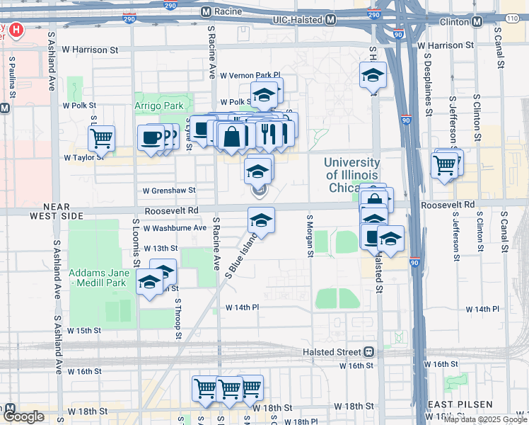 map of restaurants, bars, coffee shops, grocery stores, and more near 1075 West Roosevelt Road in Chicago
