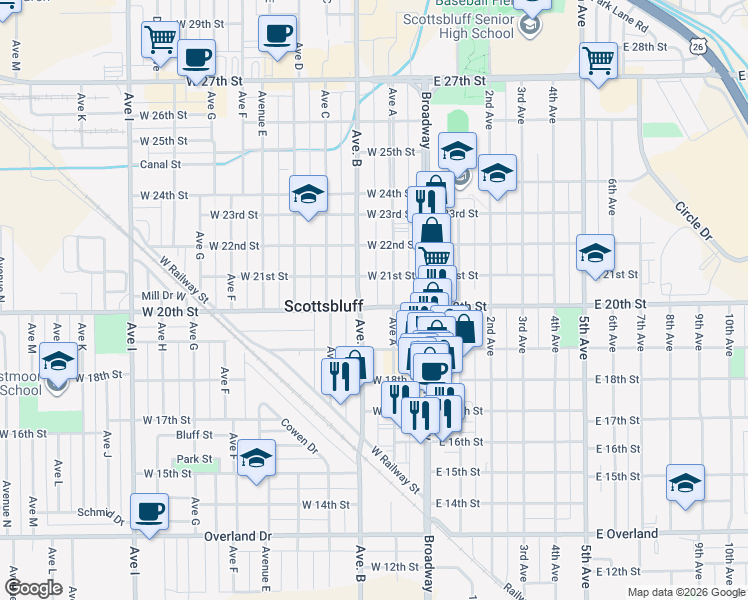 map of restaurants, bars, coffee shops, grocery stores, and more near 113 West 20th Street in Scottsbluff