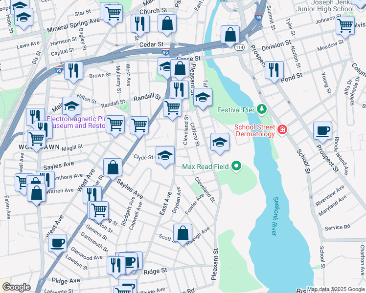map of restaurants, bars, coffee shops, grocery stores, and more near 60 Rhodes Street in Pawtucket