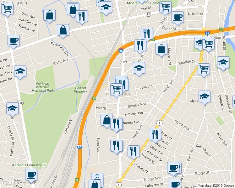 map of restaurants, bars, coffee shops, grocery stores, and more near 183 Magill Street in Pawtucket