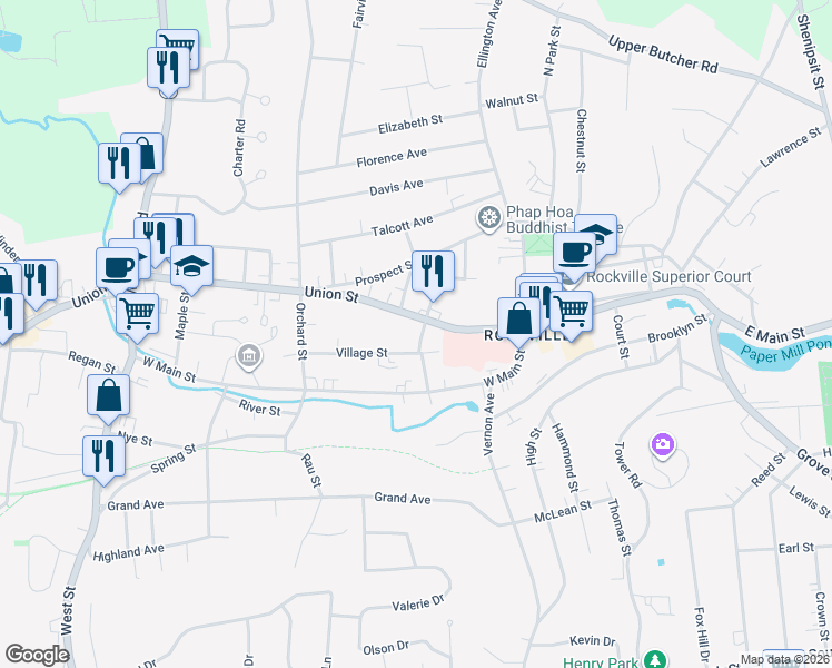 map of restaurants, bars, coffee shops, grocery stores, and more near 46 Village Street in Vernon
