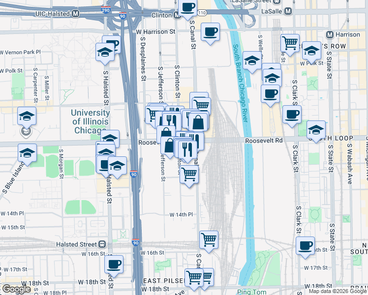 map of restaurants, bars, coffee shops, grocery stores, and more near 555 Roosevelt Road in Chicago