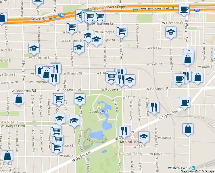 map of restaurants, bars, coffee shops, grocery stores, and more near 2838 West Roosevelt Road in Chicago