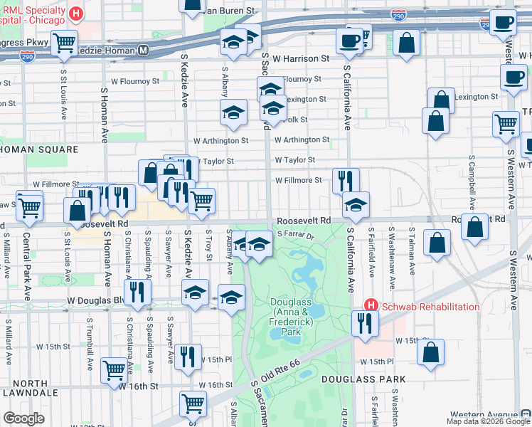 map of restaurants, bars, coffee shops, grocery stores, and more near 2942 West Roosevelt Road in Chicago