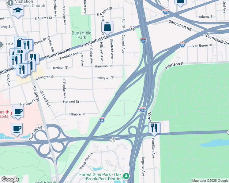 map of restaurants, bars, coffee shops, grocery stores, and more near 15W064 Harvard Street in Elmhurst