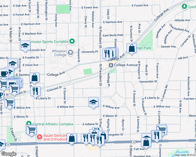 map of restaurants, bars, coffee shops, grocery stores, and more near in Wheaton