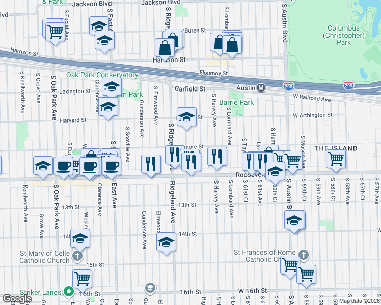 map of restaurants, bars, coffee shops, grocery stores, and more near 1165 Cuyler Avenue in Oak Park