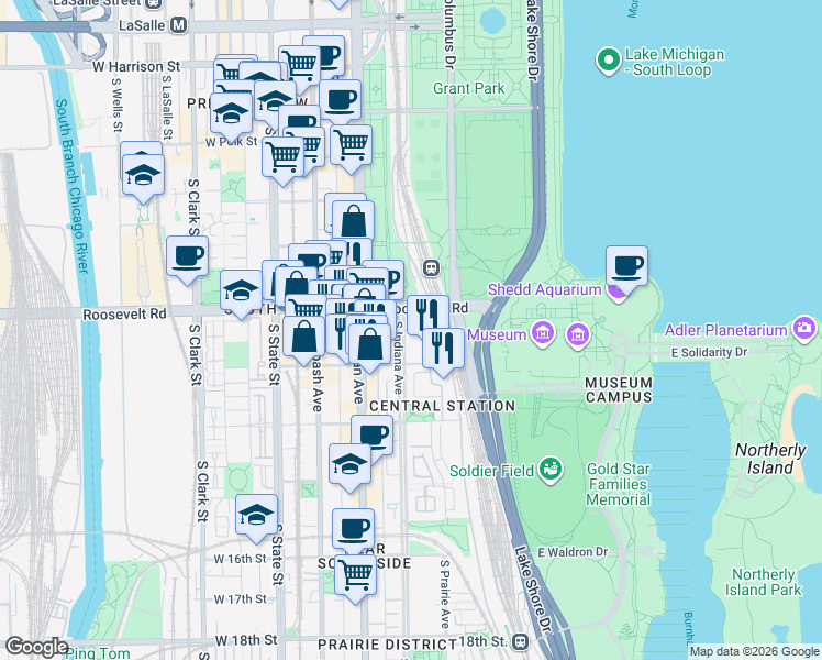 map of restaurants, bars, coffee shops, grocery stores, and more near 1213 South Prairie Avenue in Chicago