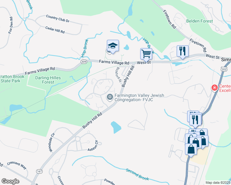 map of restaurants, bars, coffee shops, grocery stores, and more near 17 Pepperidge Court in Simsbury