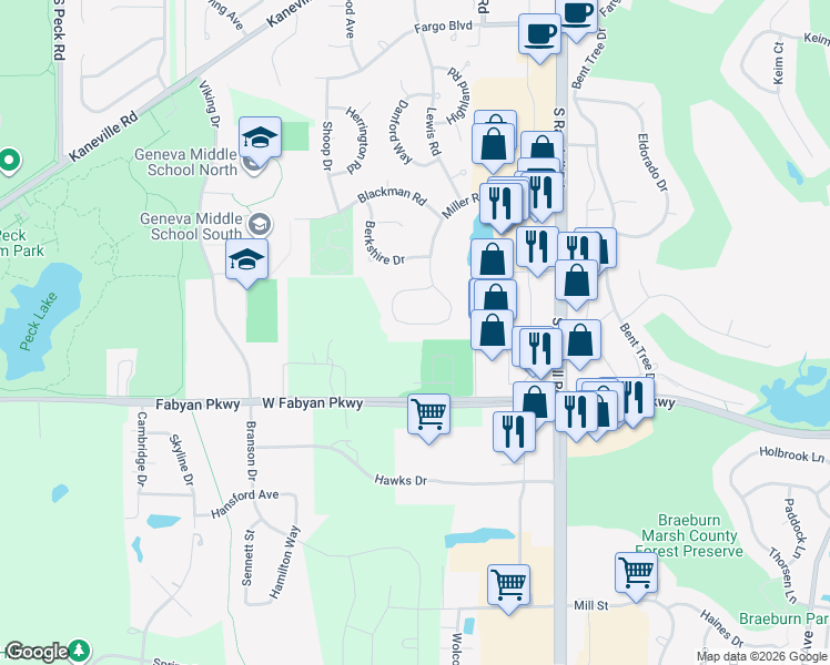 map of restaurants, bars, coffee shops, grocery stores, and more near 2766 Miller Road in Geneva