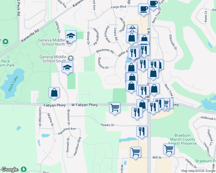 map of restaurants, bars, coffee shops, grocery stores, and more near 2786 Miller Road in Geneva