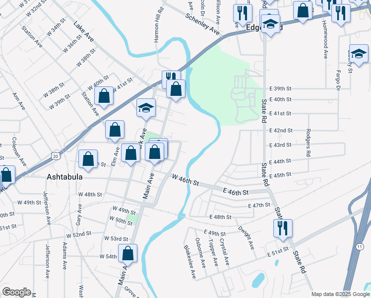 map of restaurants, bars, coffee shops, grocery stores, and more near 4428 Collins Boulevard in Ashtabula
