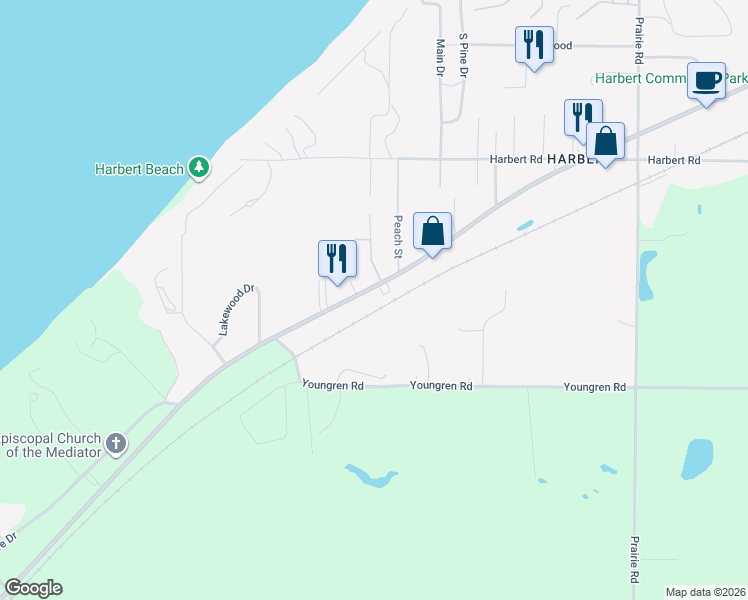 map of restaurants, bars, coffee shops, grocery stores, and more near 13959 Red Arrow Highway in Three Oaks