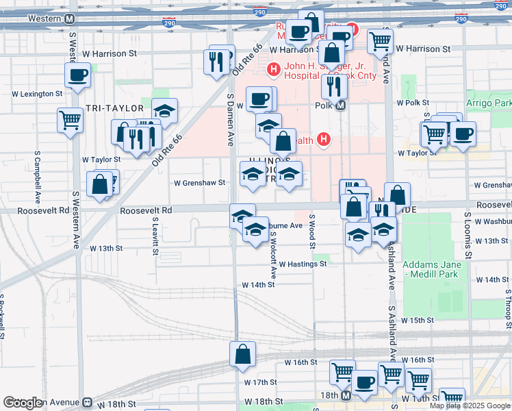 map of restaurants, bars, coffee shops, grocery stores, and more near 1950 West Roosevelt Road in Chicago