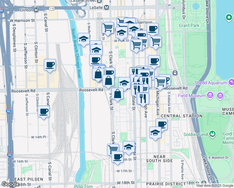 map of restaurants, bars, coffee shops, grocery stores, and more near 1226 South Federal Street in Chicago