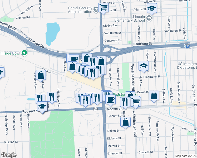 map of restaurants, bars, coffee shops, grocery stores, and more near 200 South Mannheim Road in Hillside