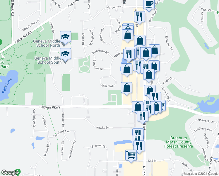 map of restaurants, bars, coffee shops, grocery stores, and more near 2766 Miller Road in Geneva