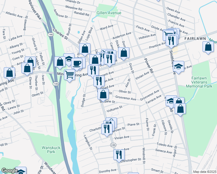 map of restaurants, bars, coffee shops, grocery stores, and more near Obed Avenue in North Providence