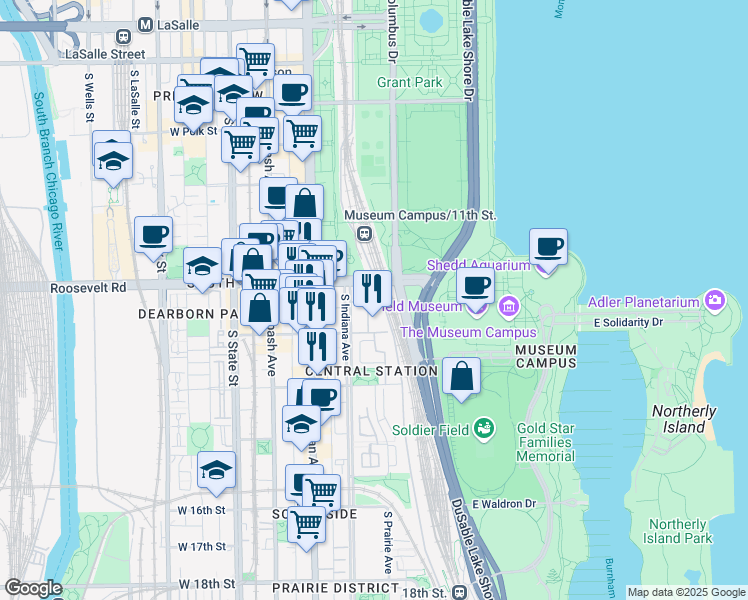 map of restaurants, bars, coffee shops, grocery stores, and more near 1211 South Prairie Avenue in Chicago