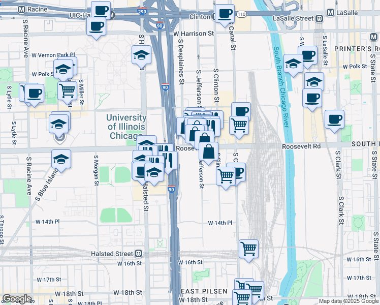 map of restaurants, bars, coffee shops, grocery stores, and more near 627 South Jefferson Street in Chicago