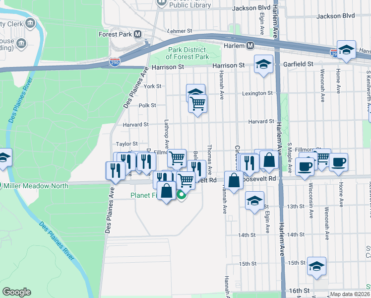 map of restaurants, bars, coffee shops, grocery stores, and more near 1103 Ferdinand Avenue in Forest Park