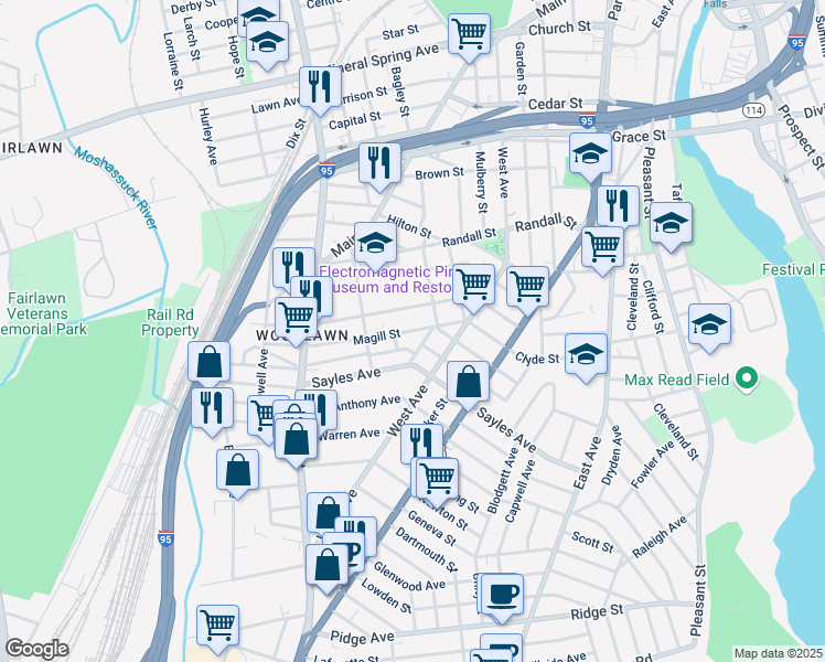 map of restaurants, bars, coffee shops, grocery stores, and more near 64 Magill Street in Pawtucket