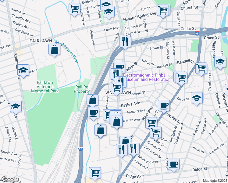 map of restaurants, bars, coffee shops, grocery stores, and more near 183 Magill Street in Pawtucket