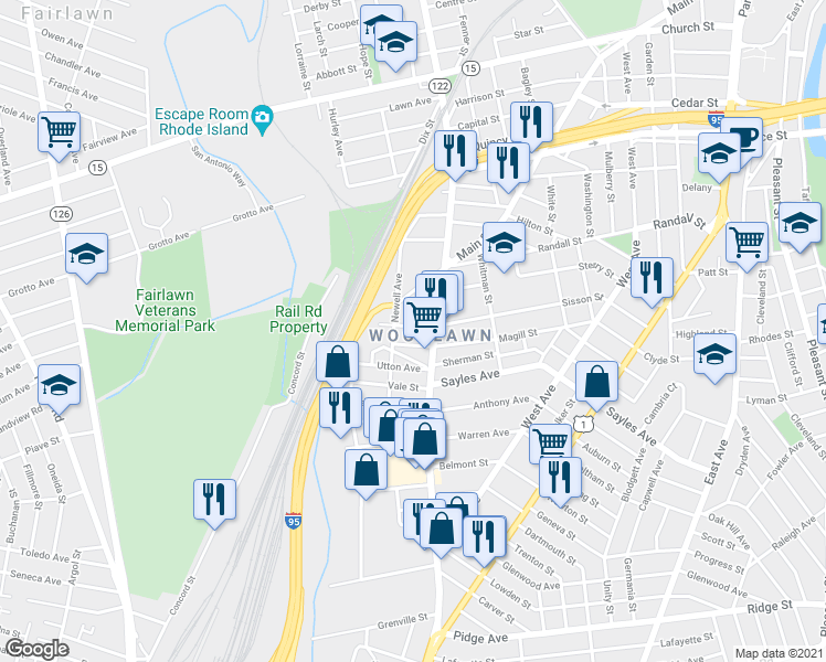 map of restaurants, bars, coffee shops, grocery stores, and more near 183 Magill Street in Pawtucket