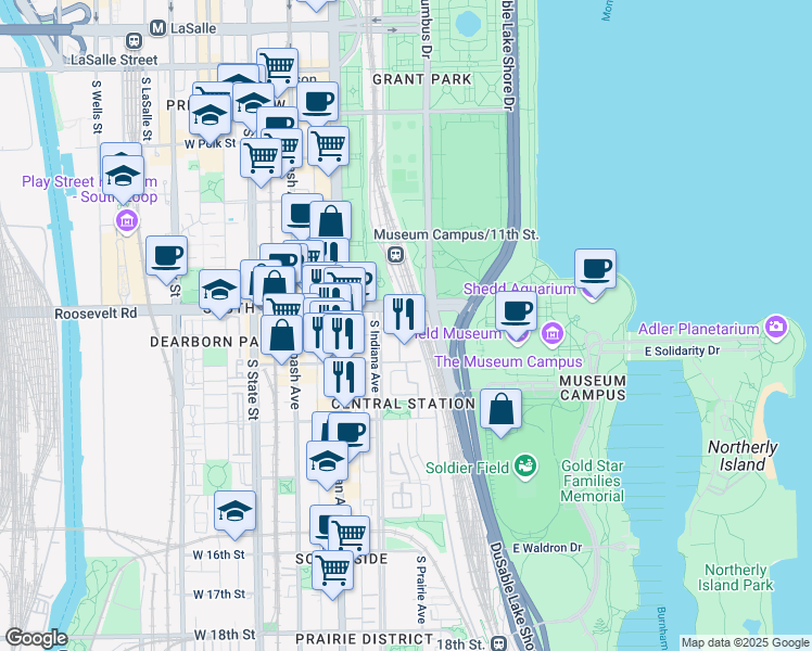 map of restaurants, bars, coffee shops, grocery stores, and more near 1211 South Prairie Avenue in Chicago