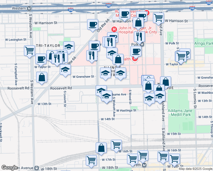 map of restaurants, bars, coffee shops, grocery stores, and more near 1941 West Roosevelt Road in Chicago