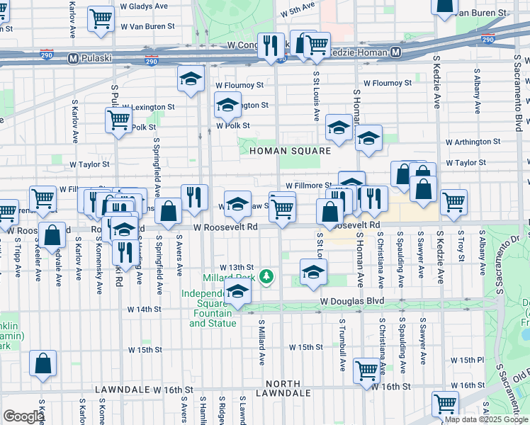 map of restaurants, bars, coffee shops, grocery stores, and more near 3636 Roosevelt Road in Chicago